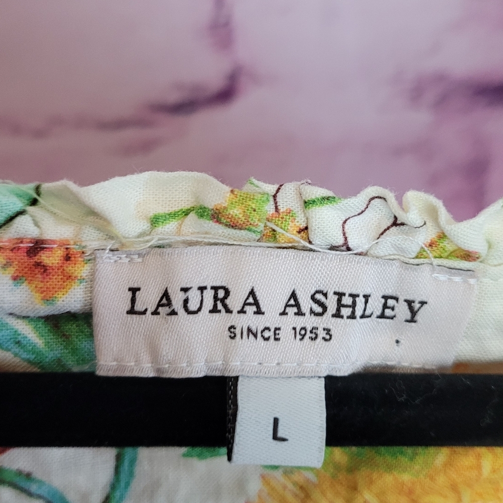LAURA ASHELY LINEN BLEND BUTTON FRONT FLORAL PRINTED PUFF SLEEVE BOHO BLOUSE L - Picture 11 of 12